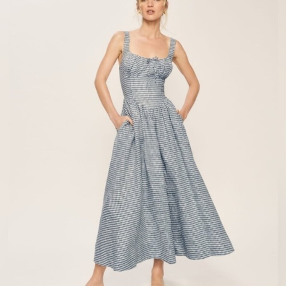NEW Reformation Balia Midi Linen Dress in  Slate Check Plaid Navy White | size 4 - Picture 2 of 16